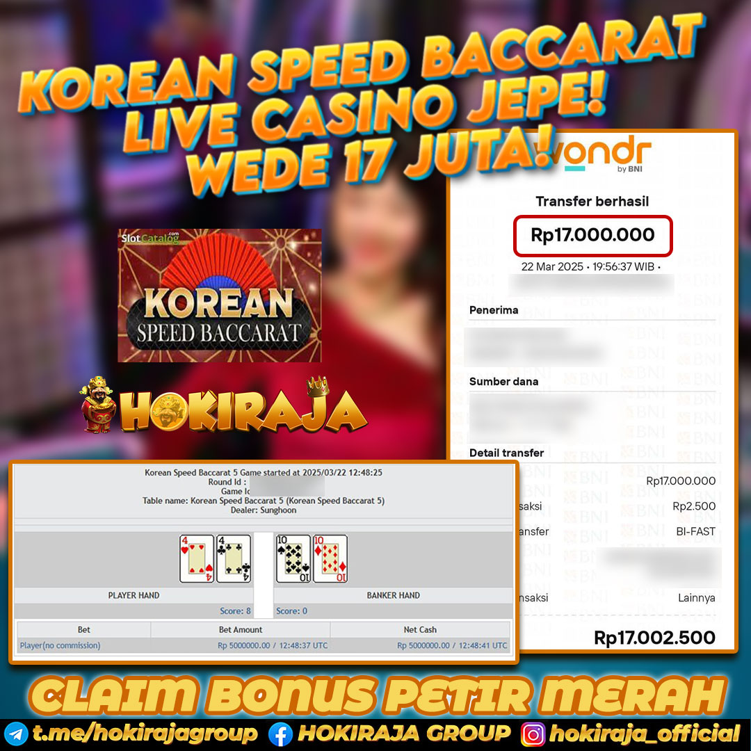 HOKIRAJA JACKPOT LIVE CASINO KOREAN SPEED BACCARAT RP 17.000.000 ID : DUL***