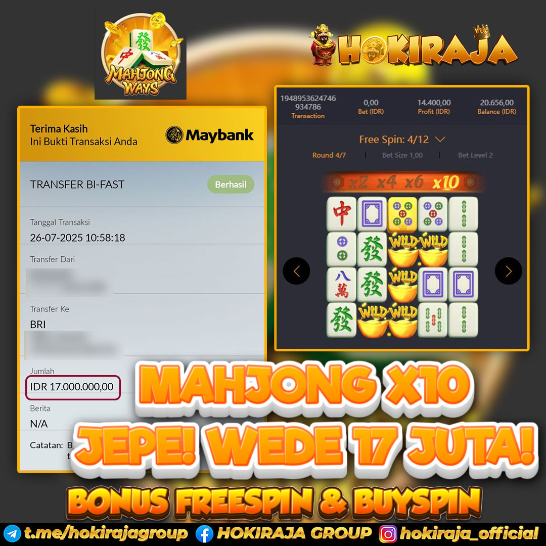 HOKIRAJA JACKPOT SLOT MAHJONG WAYS  RP 17.000.000 ID : BRA***