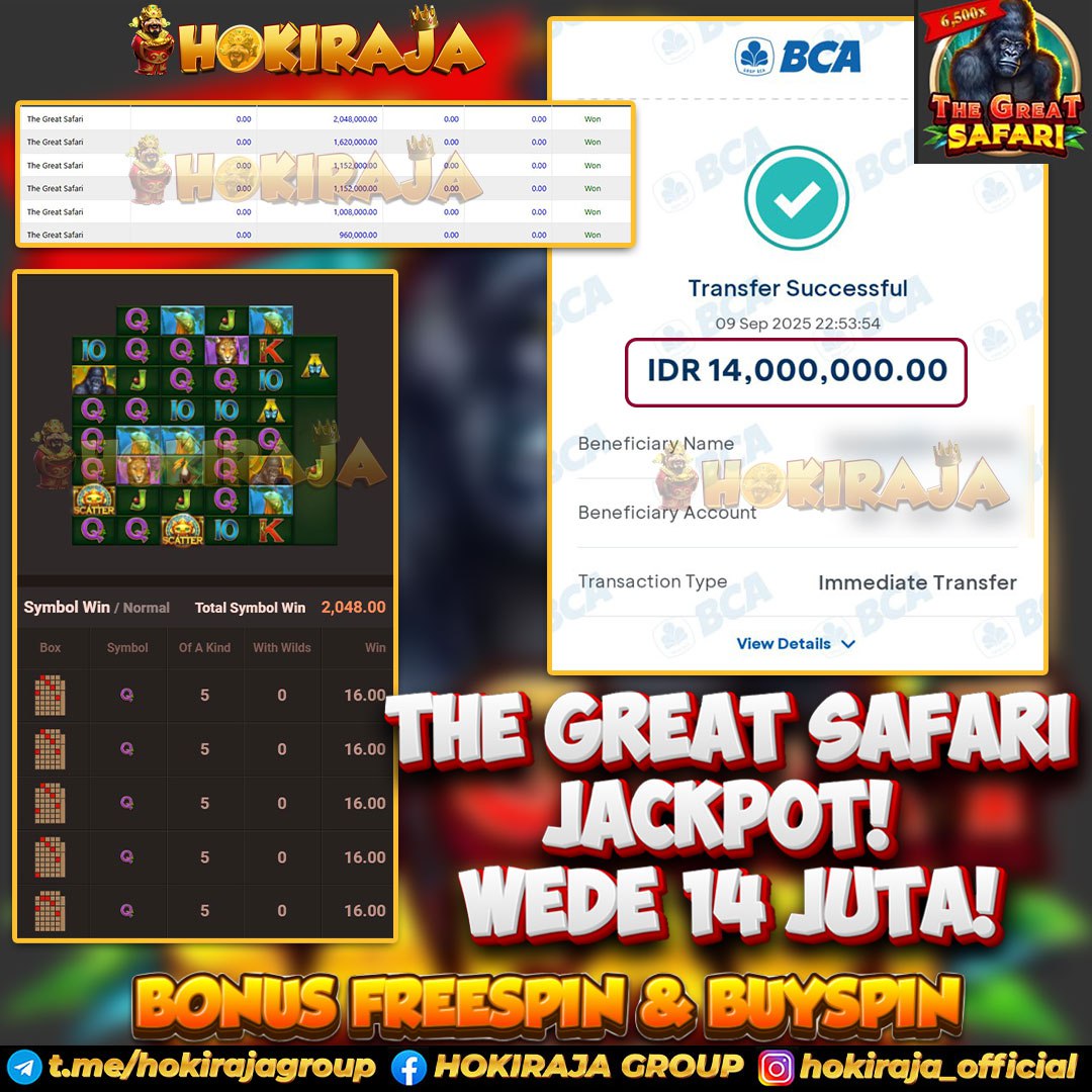 HOKIRAJA JACKPOT SLOT THE GREAT SAFARI RP 14.000.000 ID : KWA****